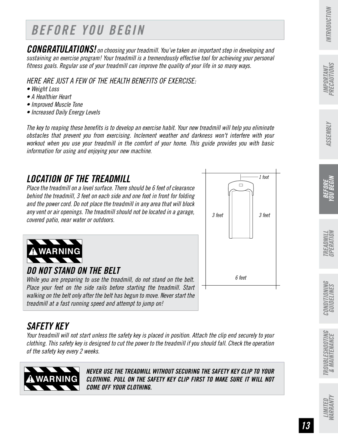 Horizon Fitness T74, T73 manual Before YOU Begin, Location of the Treadmill, Safety KEY 