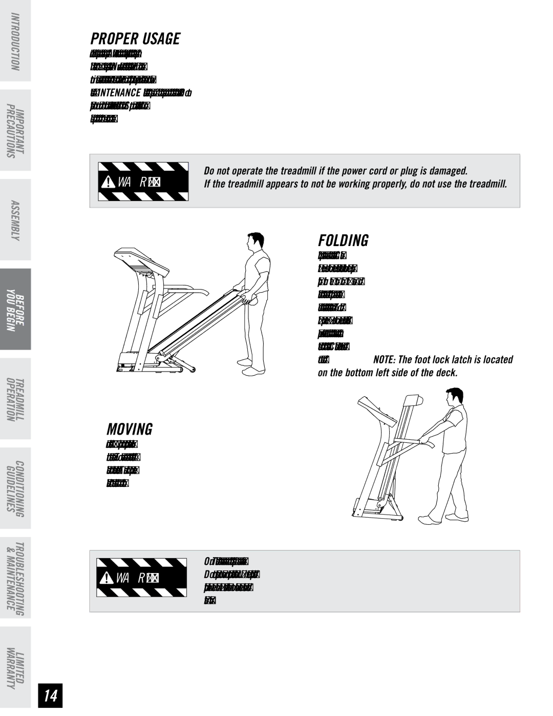 Horizon Fitness T73, T74 manual Proper Usage, Folding, Moving 