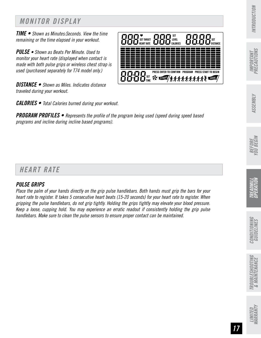 Horizon Fitness T74, T73 manual Monitor Display, Heart Rate, Pulse Grips 