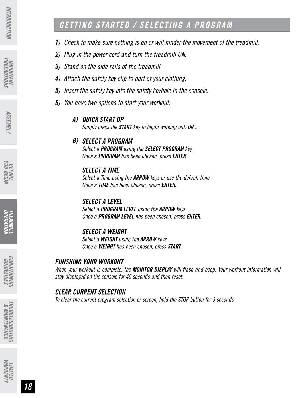 Horizon Fitness T73, T74 manual Select a Time, Select a Level, Select a Weight, Clear Current Selection 