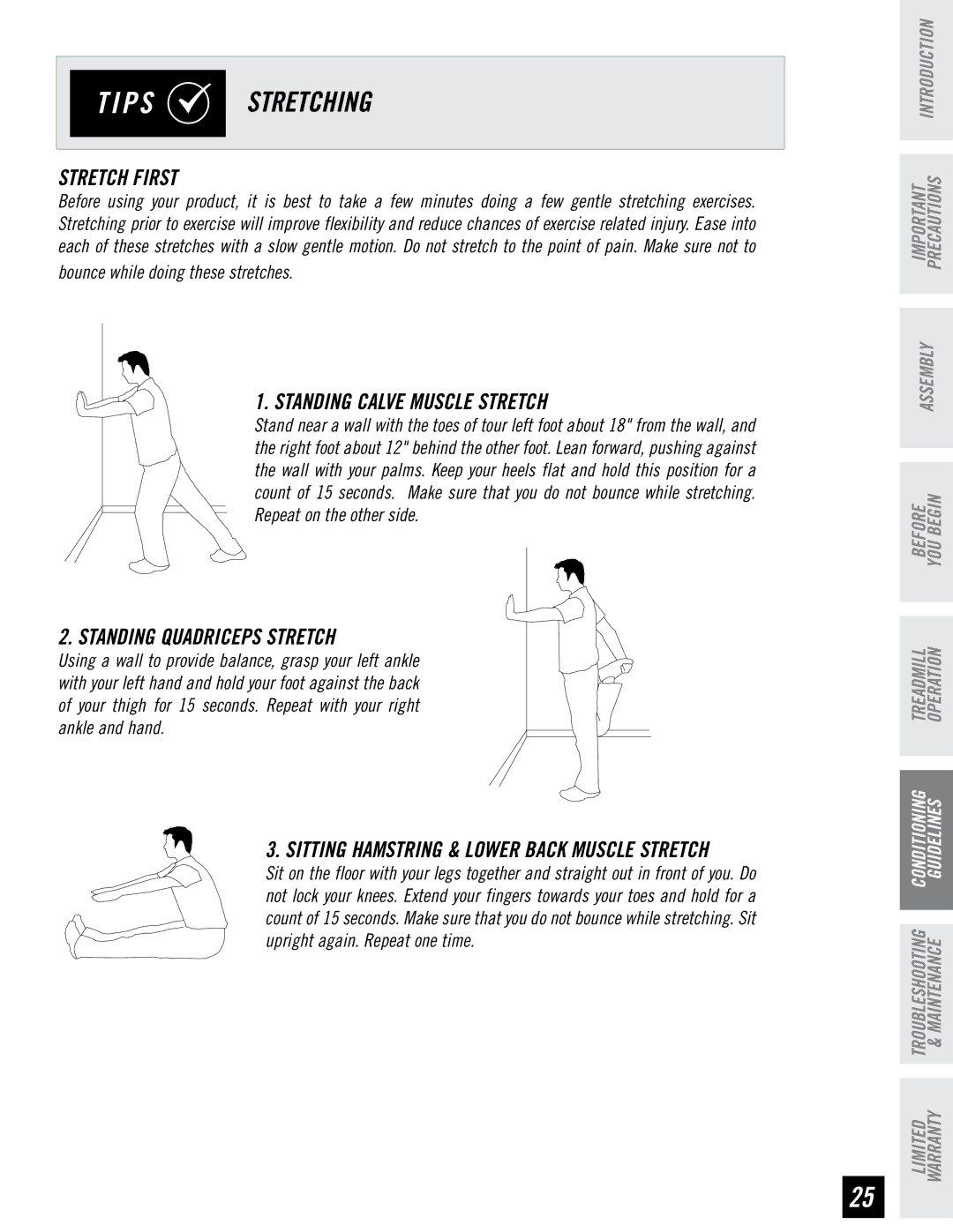 Horizon Fitness T74, T73 manual P S Stretching, Stretch First, Standing Calve Muscle Stretch, Standing Quadriceps Stretch 