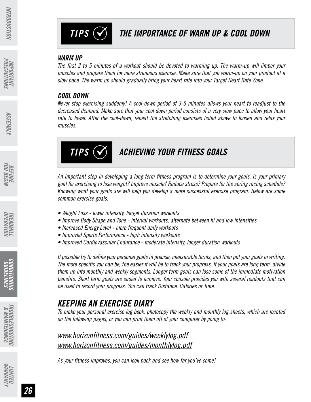 Horizon Fitness T73, T74 manual P S Achieving Your Fitness Goals, Keeping AN Exercise Diary, Warm UP, Cool Down 