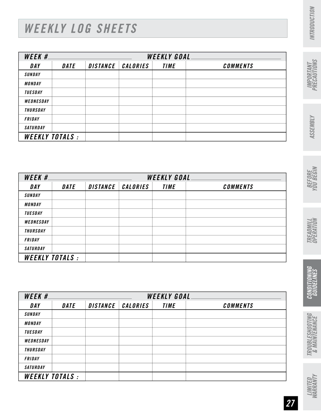 Horizon Fitness T74, T73 manual Weekly LOG Sheets, Weekly Totals 