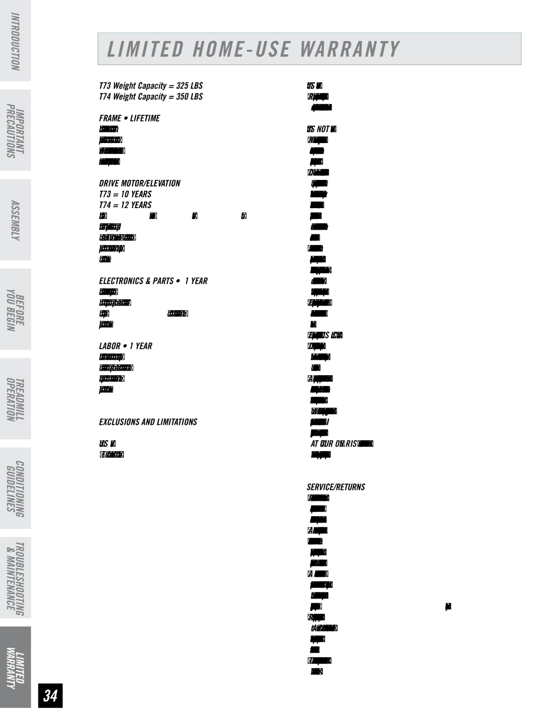 Horizon Fitness T73, T74 manual Limited Home USE Warranty, Frame Lifetime 