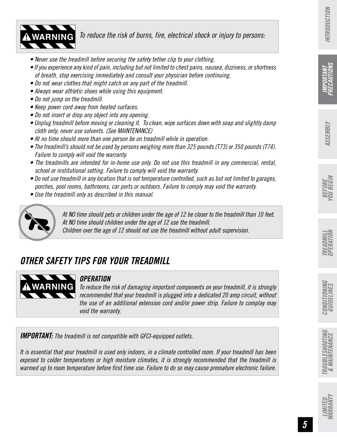 Horizon Fitness T74, T73 Operation, Use the treadmill only as described in this manual 