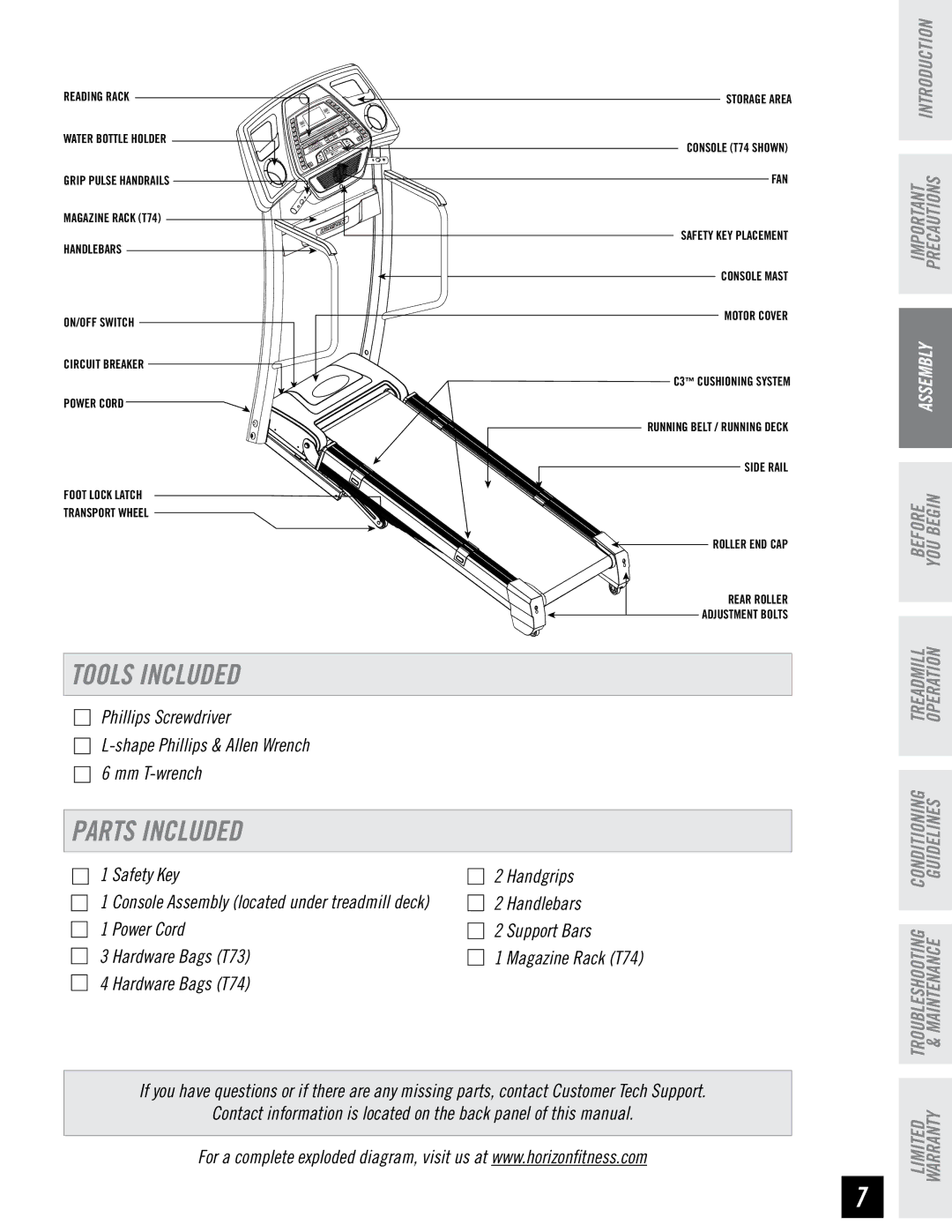 Horizon Fitness T74, T73 manual Tools Included, Parts Included 