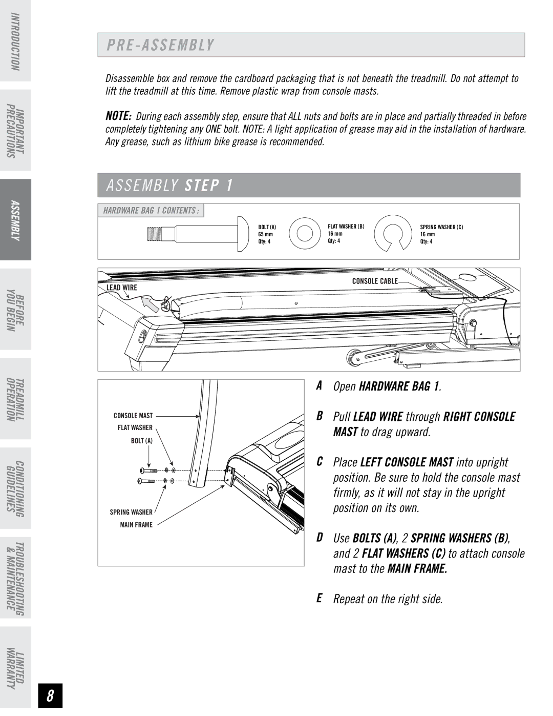 Horizon Fitness T73, T74 manual Open Hardware BAG, Mast to drag upward, Position on its own, Mast to the Main Frame 