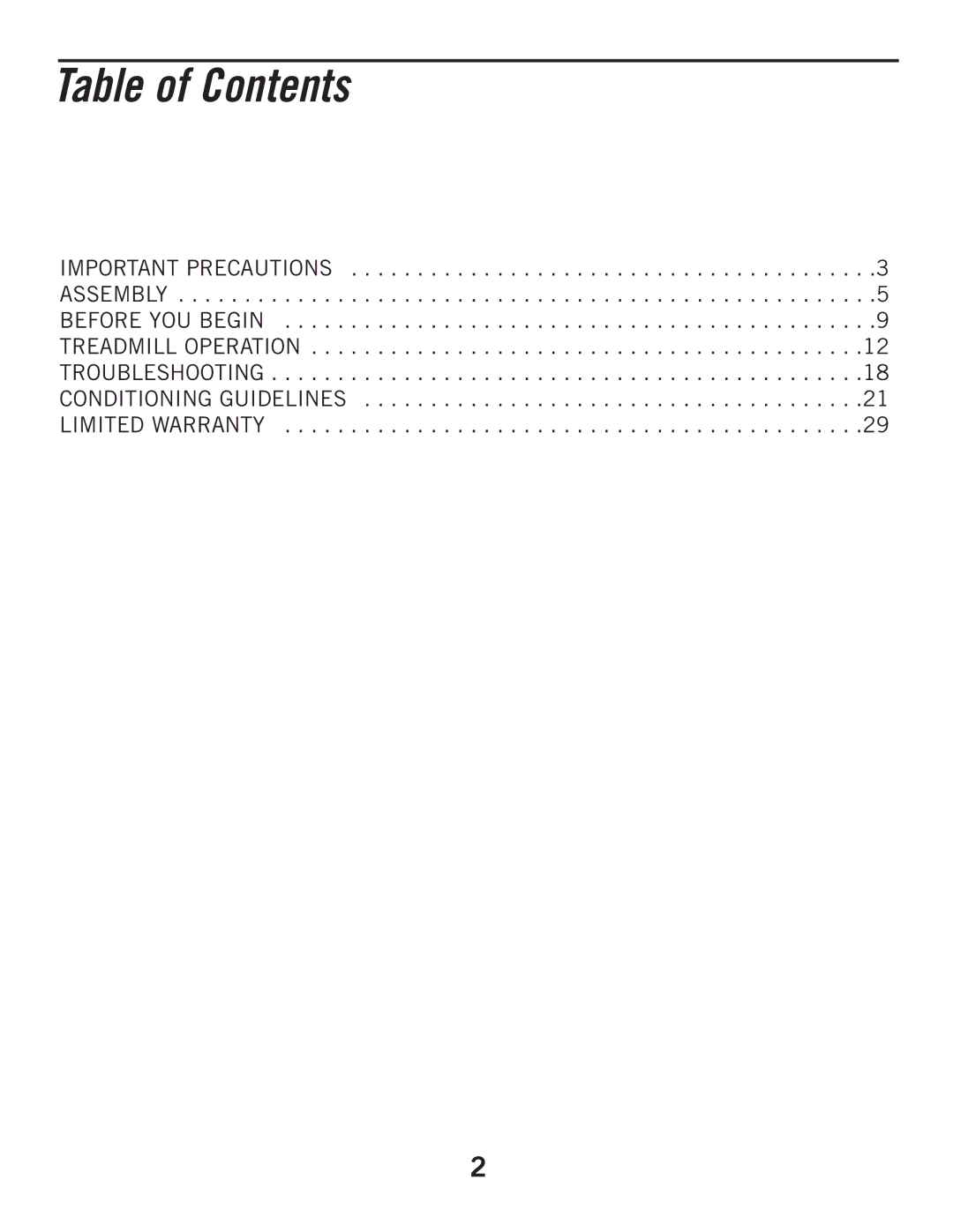 Horizon Fitness T805, T605 manual Table of Contents 