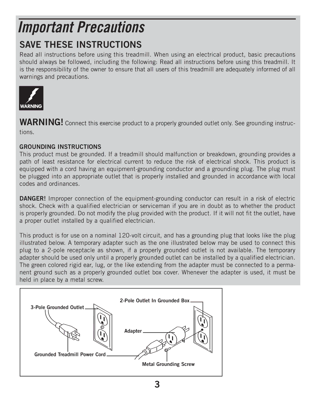 Horizon Fitness T605, T805 manual Important Precautions, Grounding Instructions 