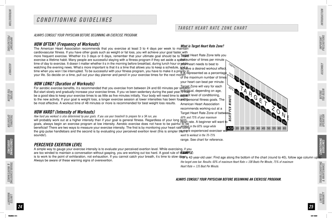 Horizon Fitness T81 manual Conditioning Guidelines, Target Heart Rate Zone Chart, Perceived Exertion Level, Example 