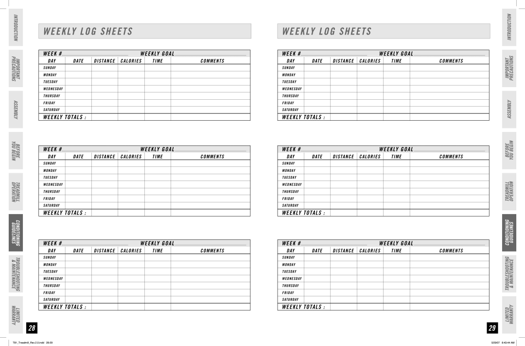 Horizon Fitness T81 manual Weekly LOG Sheets, Weekly Totals 