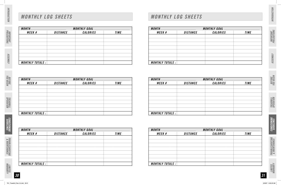 Horizon Fitness T81 manual Monthly LOG Sheets, Week # Distance Calories Time Monthly Totals 