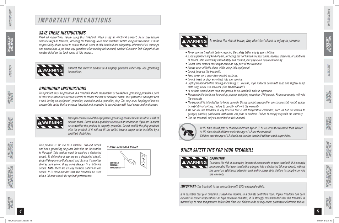 Horizon Fitness T81 manual Important Precautions, Grounding Instructions, Operation 