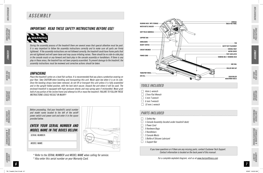 Horizon Fitness T81 manual S E M B Ly, Unpacking, Tools Included, Parts Included, Mm T-wrench Mm L-wrench 