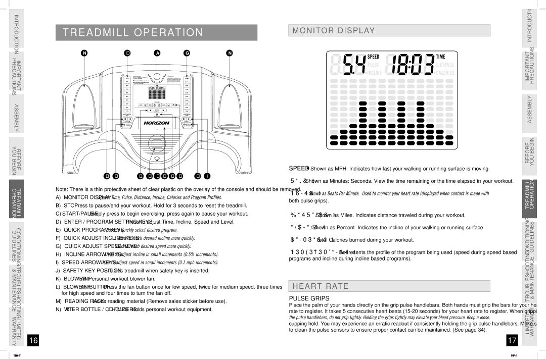 Horizon Fitness T81 manual Monitor Display, Heart Rate, Pulse Grips 