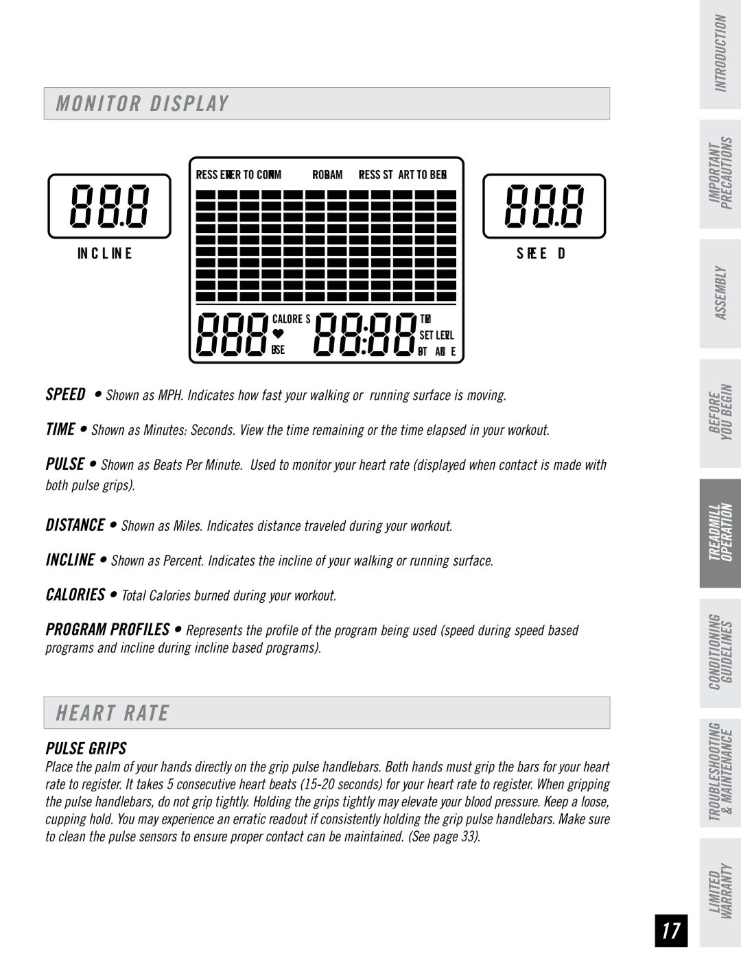 Horizon Fitness T82 manual Monitor Display, Pulseheartg Ipsrate Pulse Grips 