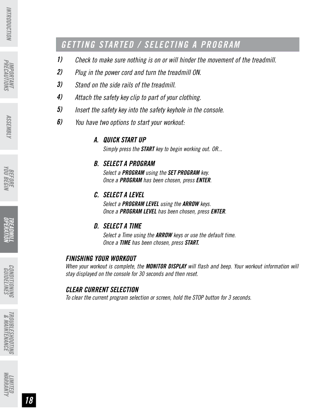 Horizon Fitness T82 manual Select a Program, Select a Level, Select a Time, Finishing Your Workout, Clear Current Selection 