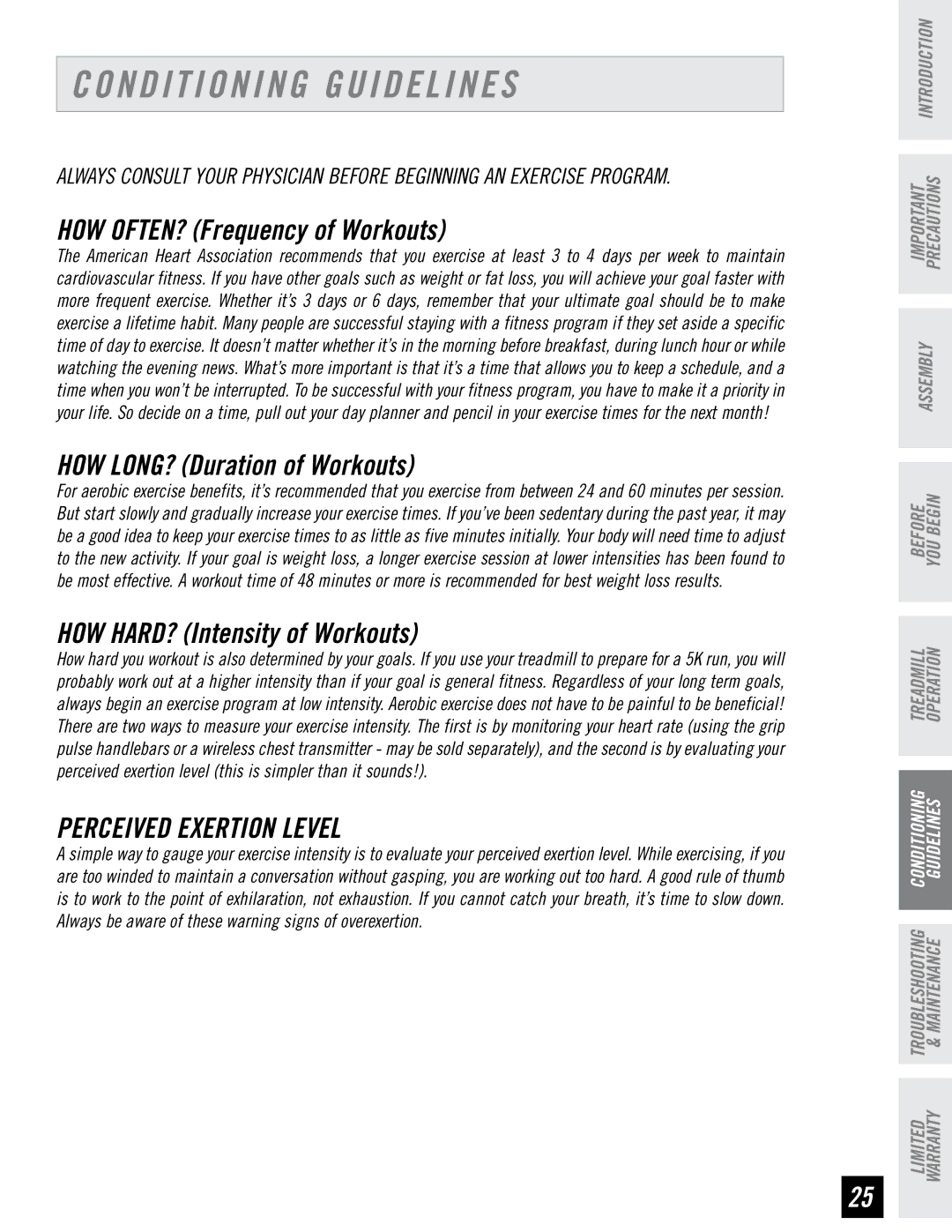 Horizon Fitness T82 manual Conditioning Guidelines, Perceived Exertion Level 