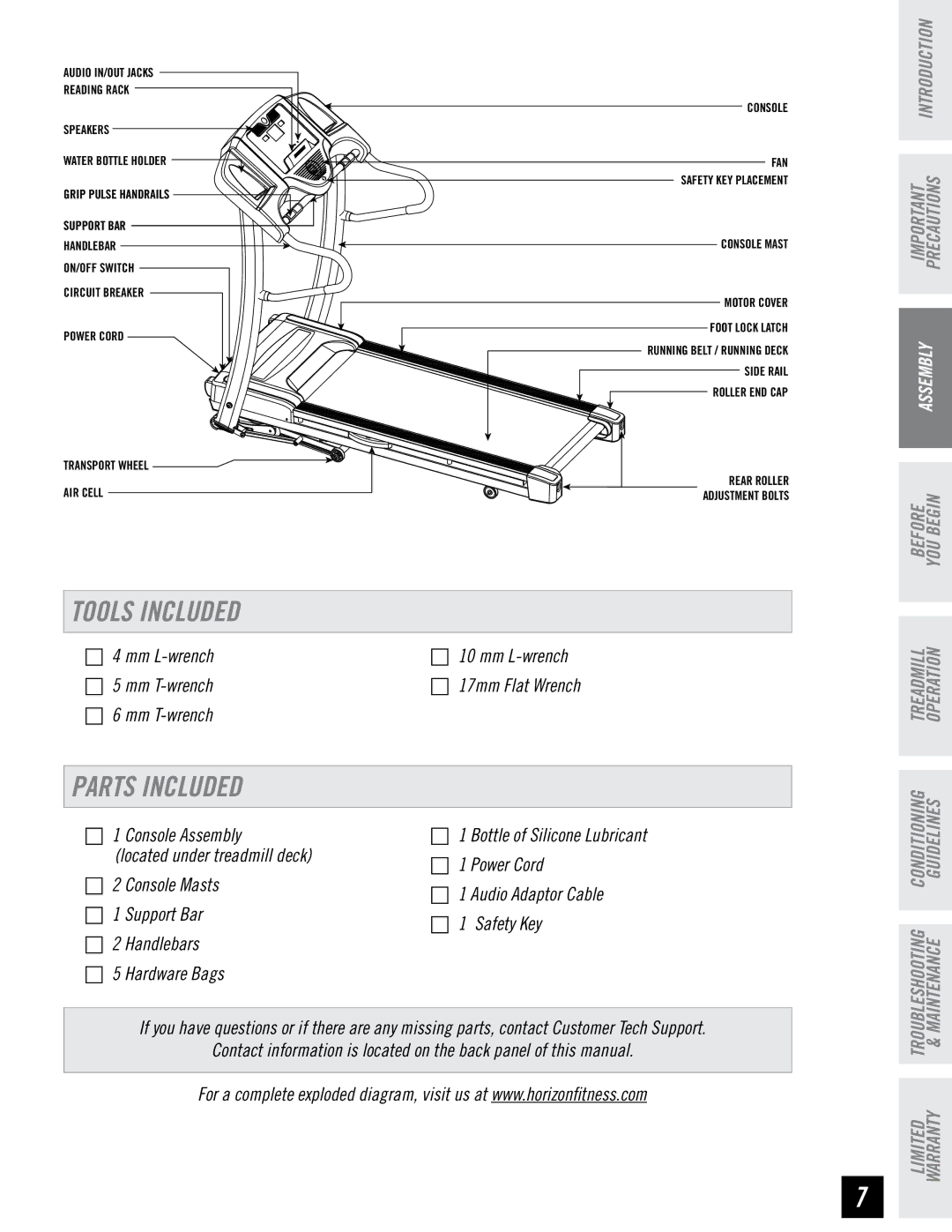 Horizon Fitness T82 manual Tools Included, Parts Included, Mm L-wrench, Mm T-wrench, Console Assembly 