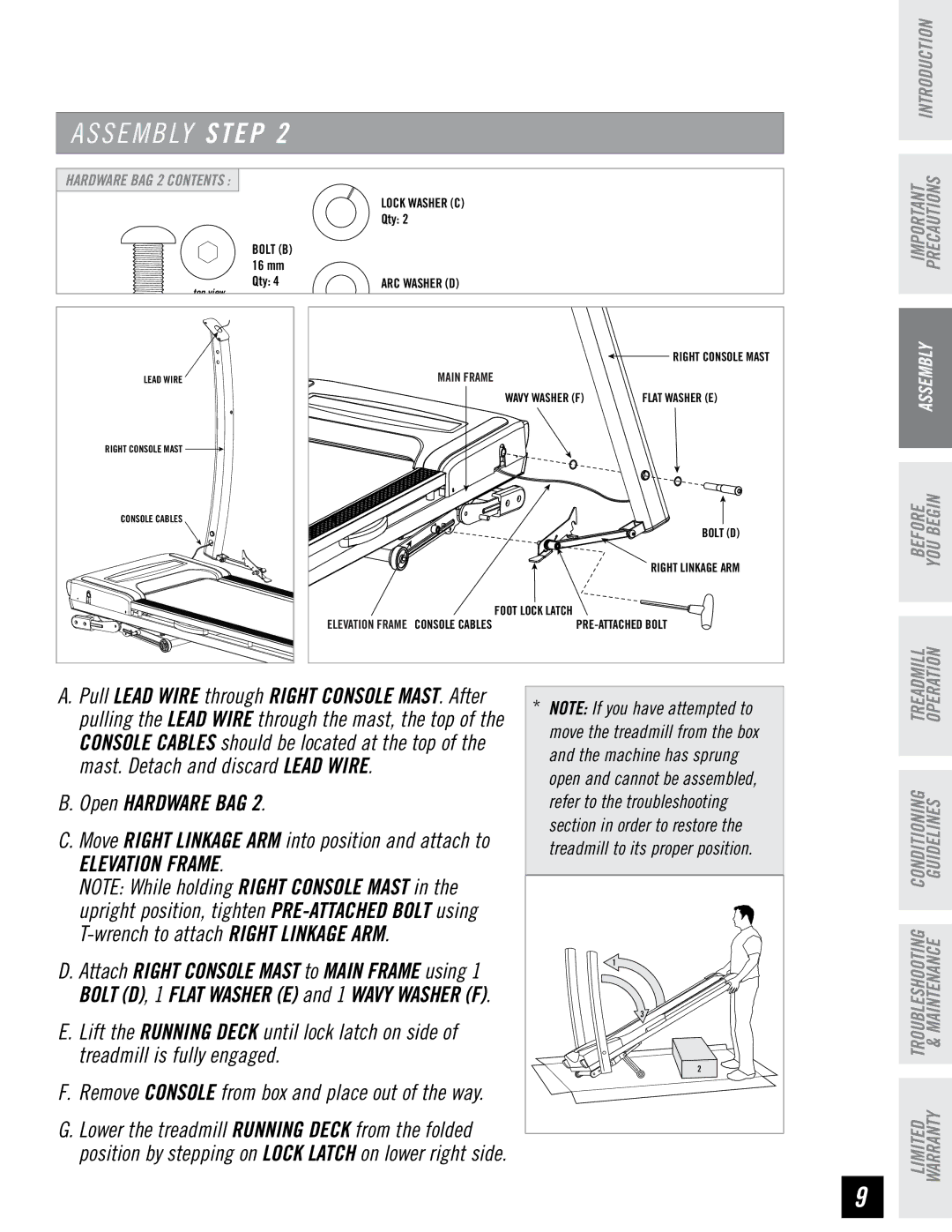 Horizon Fitness T82 manual Open Hardware BAG, Elevation Frame, Remove console from box and place out of the way 