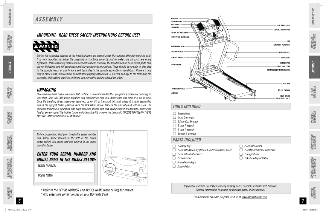 Horizon Fitness T83 manual S E M B Ly, Unpacking, Tools Included, Parts Included 