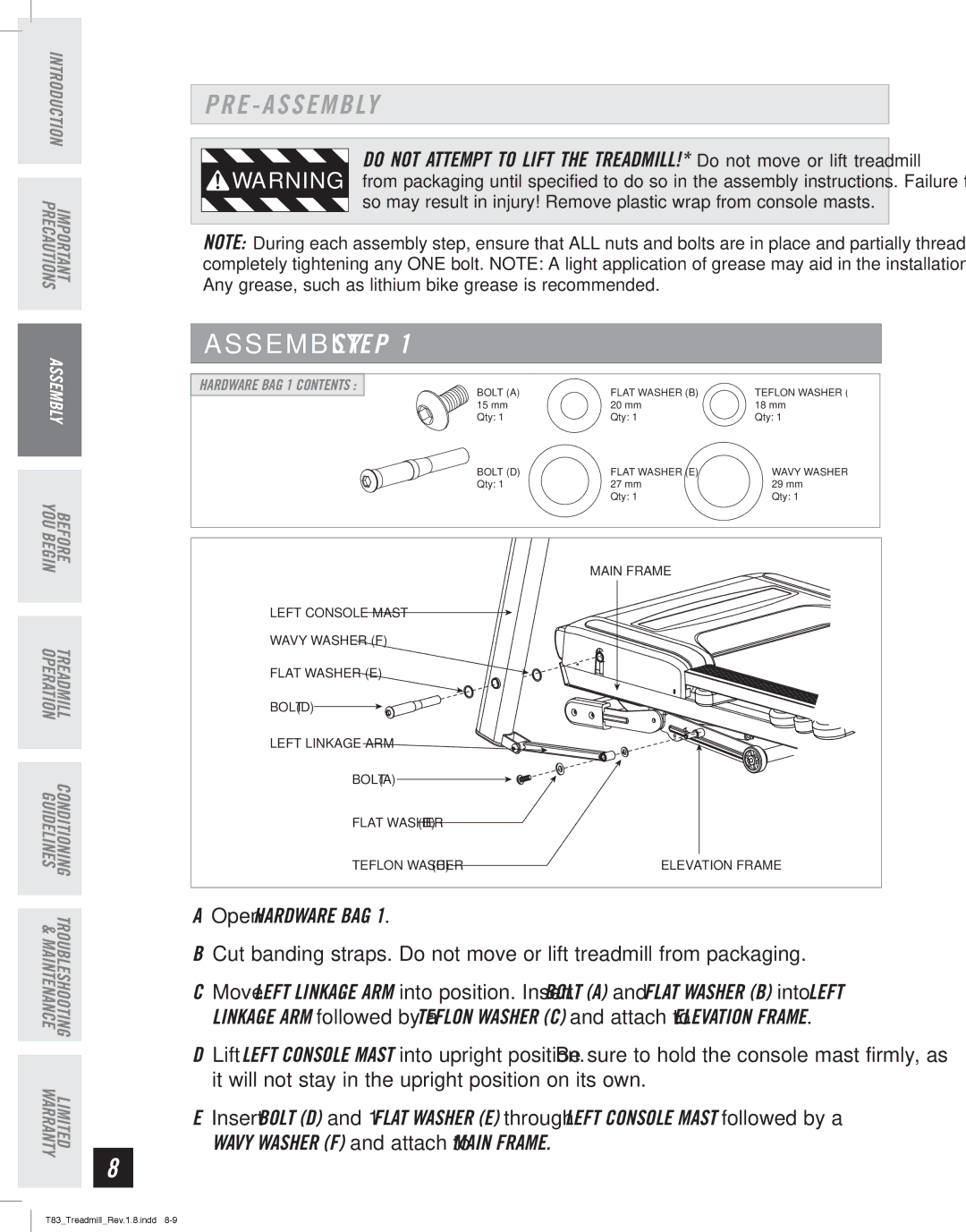 Horizon Fitness T83 manual Open Hardware BAG, Elevation Frame, Remove console from box and place out of the way 