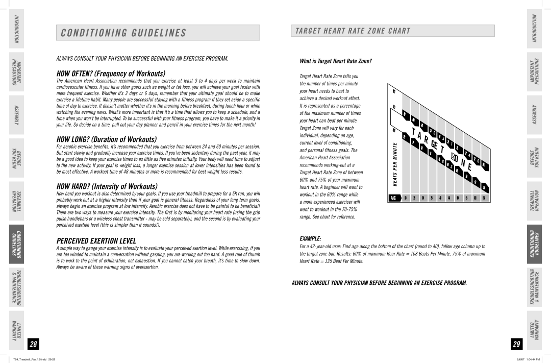 Horizon Fitness T84 manual Conditioning Guidelines, Target Heart Rate Zone Chart, Perceived Exertion Level, Example 