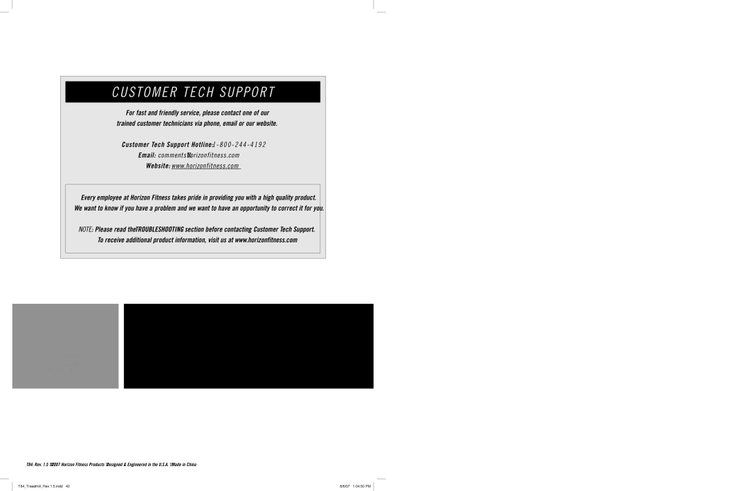 Horizon Fitness T84 manual Customer Tech Support 