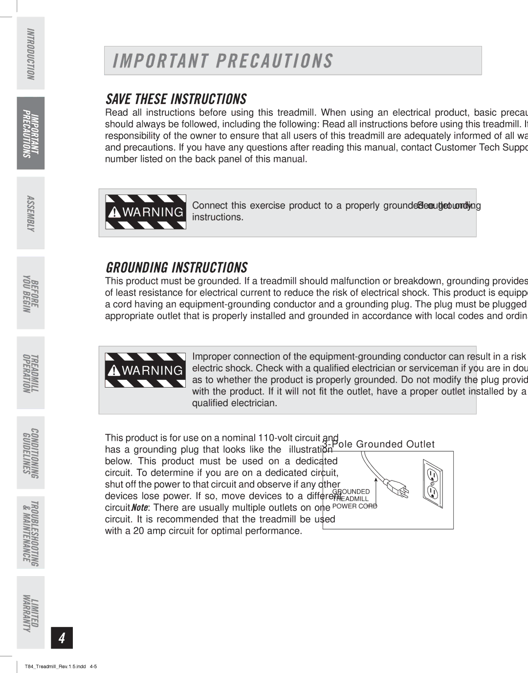 Horizon Fitness T84 manual Important Precautions, Grounding Instructions, Operation 