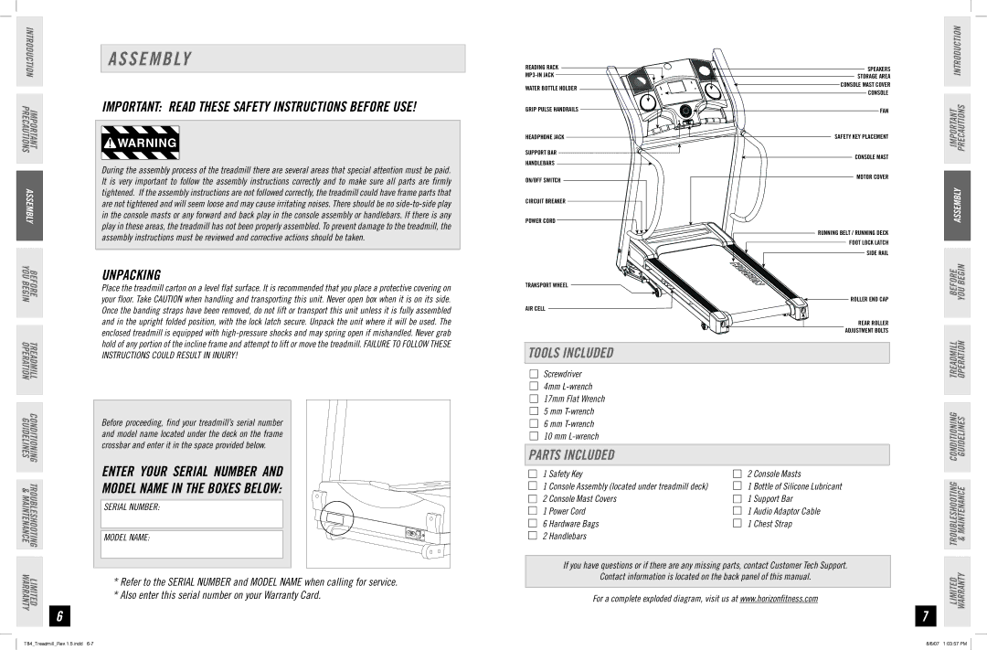 Horizon Fitness T84 manual S E M B Ly, Unpacking, Tools Included, Parts Included 