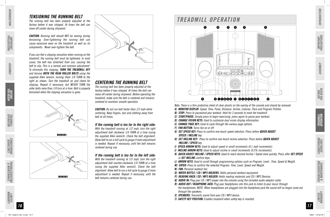 Horizon Fitness T84 manual Treadmill Operation 