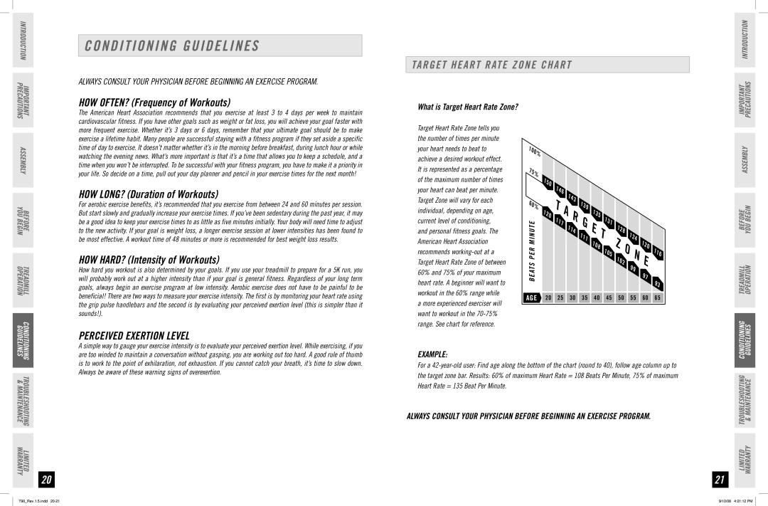 Horizon Fitness T90 manual Conditioning Guidelines, Target Heart Rate Zone Chart, Perceived Exertion Level, Example 