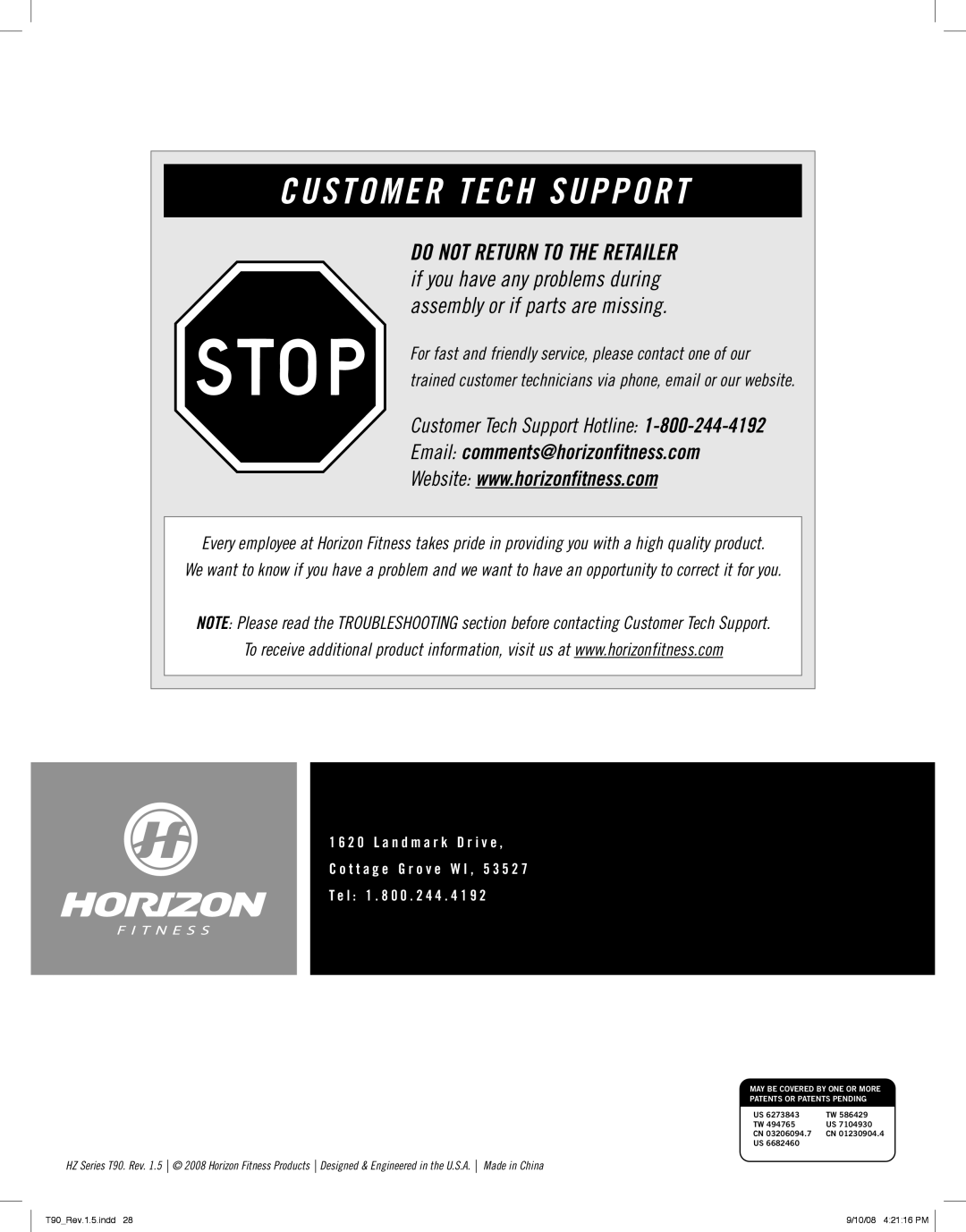 Horizon Fitness T90 manual Customer Tech Support 