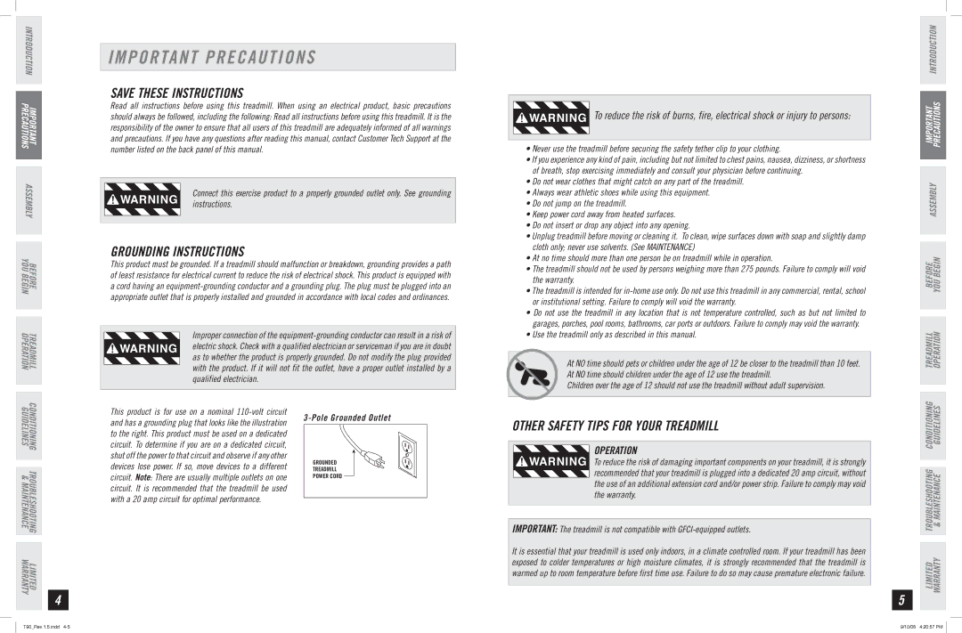 Horizon Fitness T90 manual Important Precautions, Grounding Instructions, Operation 