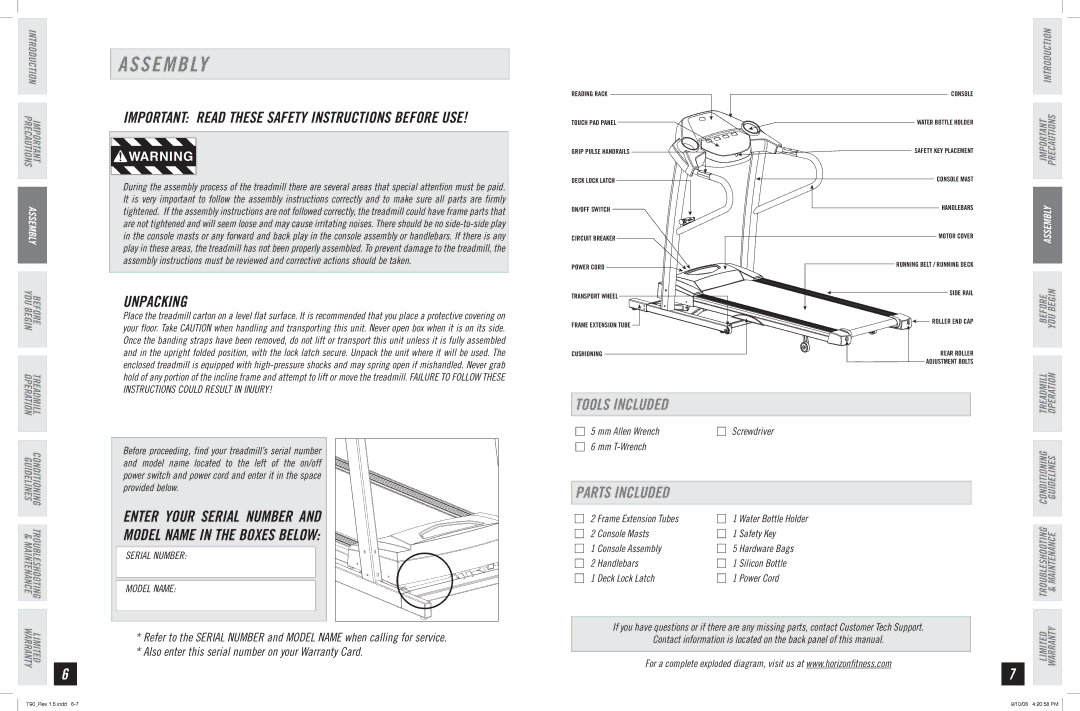 Horizon Fitness T90 manual S E M B Ly, Unpacking, Tools Included, Parts Included 