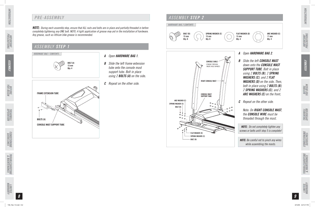 Horizon Fitness T90 manual Open Hardware BAG, Repeat on the other side, While assembling the masts 