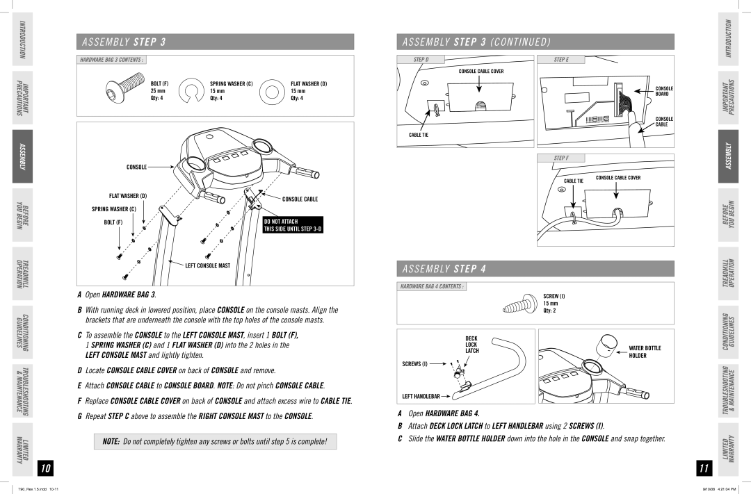 Horizon Fitness T90 manual Left Console mast and lightly tighten, S E M B Ly C O N T I N U E D 