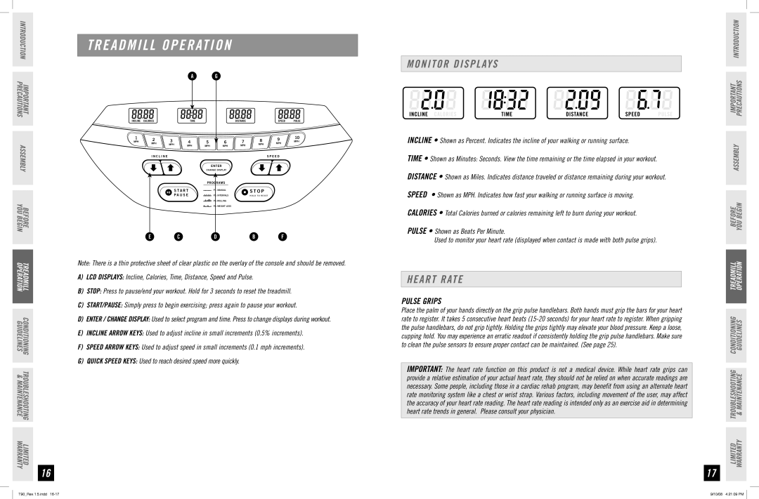 Horizon Fitness T90 manual Monitor Displays, Heart Rate, Pulse Grips 