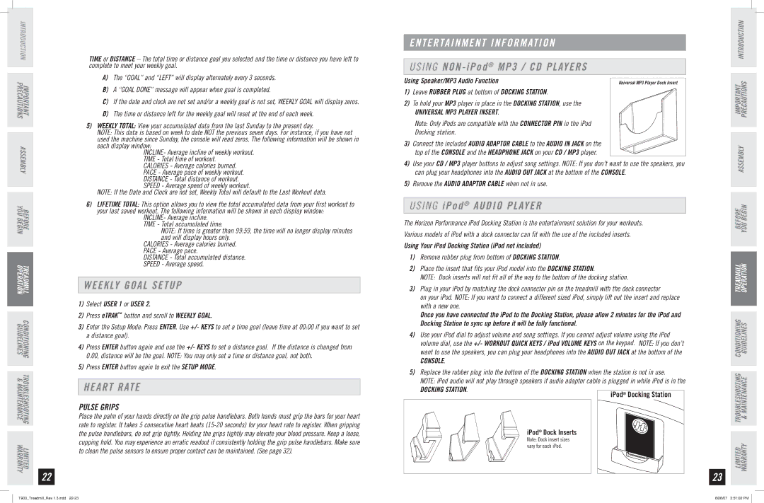 Horizon Fitness T900 manual Weekly Goal Setup, Heart Rate, Pulse Grips 