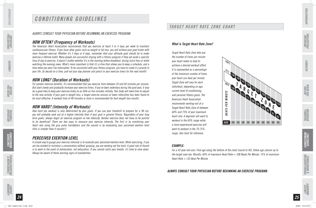 Horizon Fitness T900 manual Conditioning Guidelines, Target Heart Rate Zone Chart, Perceived Exertion Level, Example 