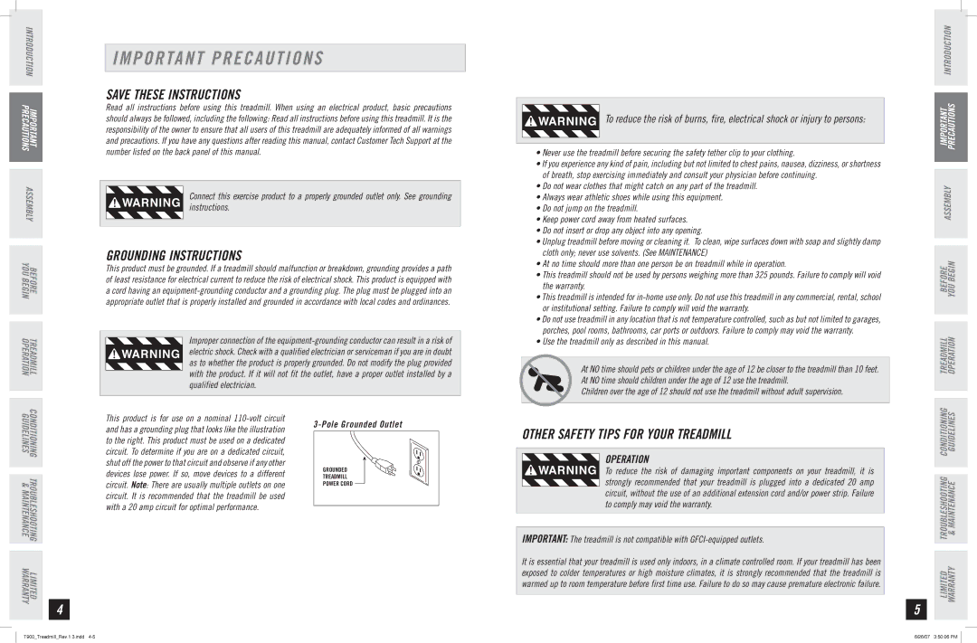 Horizon Fitness T900 manual Important Precautions, Grounding Instructions, Operation 