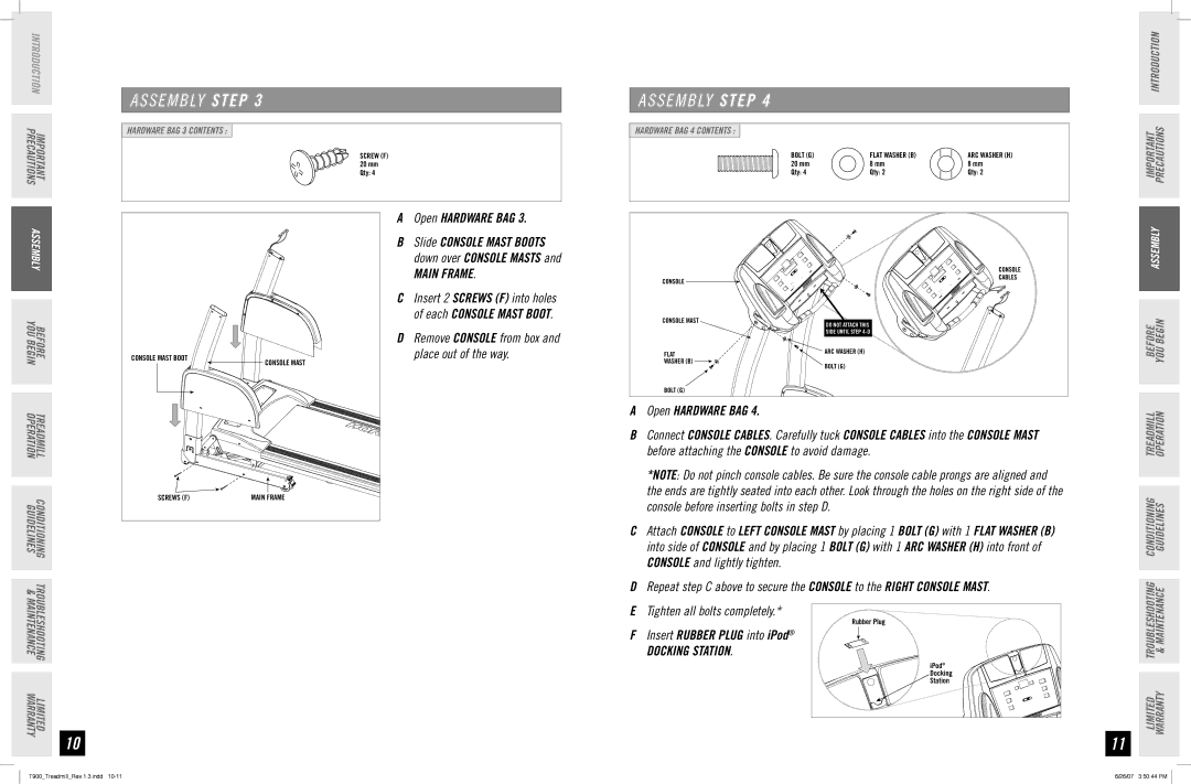 Horizon Fitness T900 manual Main Frame, Insert Rubber Plug into iPod, Docking Station 