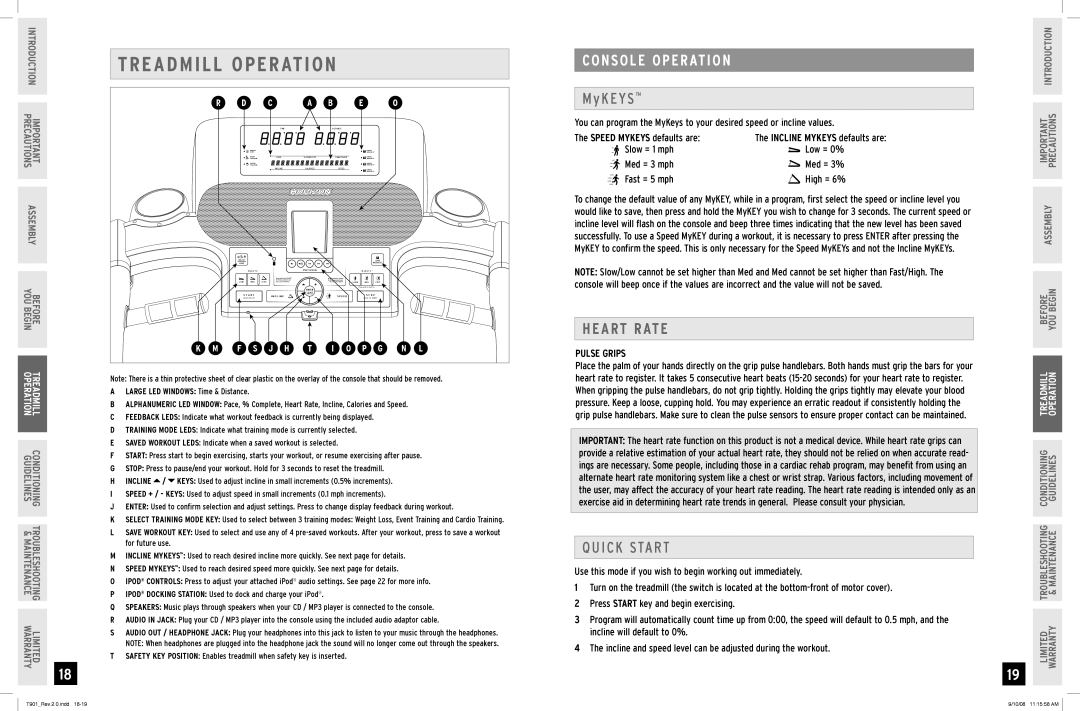 Horizon Fitness T901 manual Treadmill Operation, Console Operation, Heart Rate 