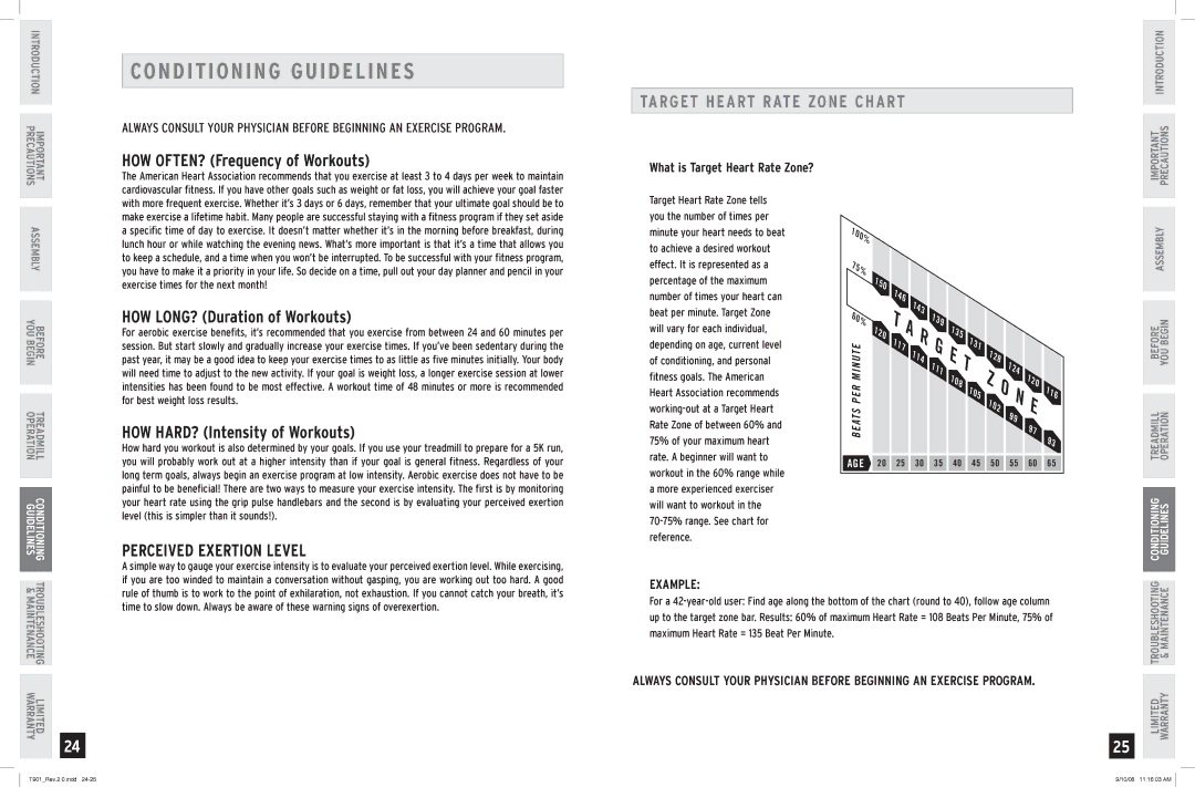 Horizon Fitness T901 manual Conditioning Guidelines, Target Heart Rate Zone Chart, Perceived Exertion Level, Example 