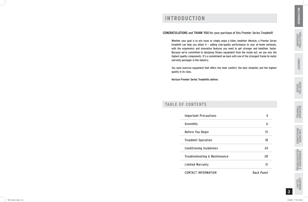 Horizon Fitness T901 manual T Ro D U C T I O N, Table of Contents 