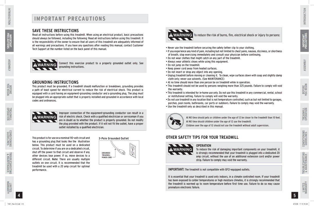 Horizon Fitness T901 manual Important Precautions, Grounding Instructions, Grounding instructions, Pole Grounded Outlet 