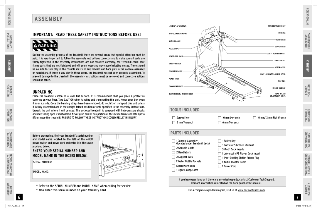 Horizon Fitness T901 manual Ass E M B Ly, Unpacking, Tools Included, Parts Included 