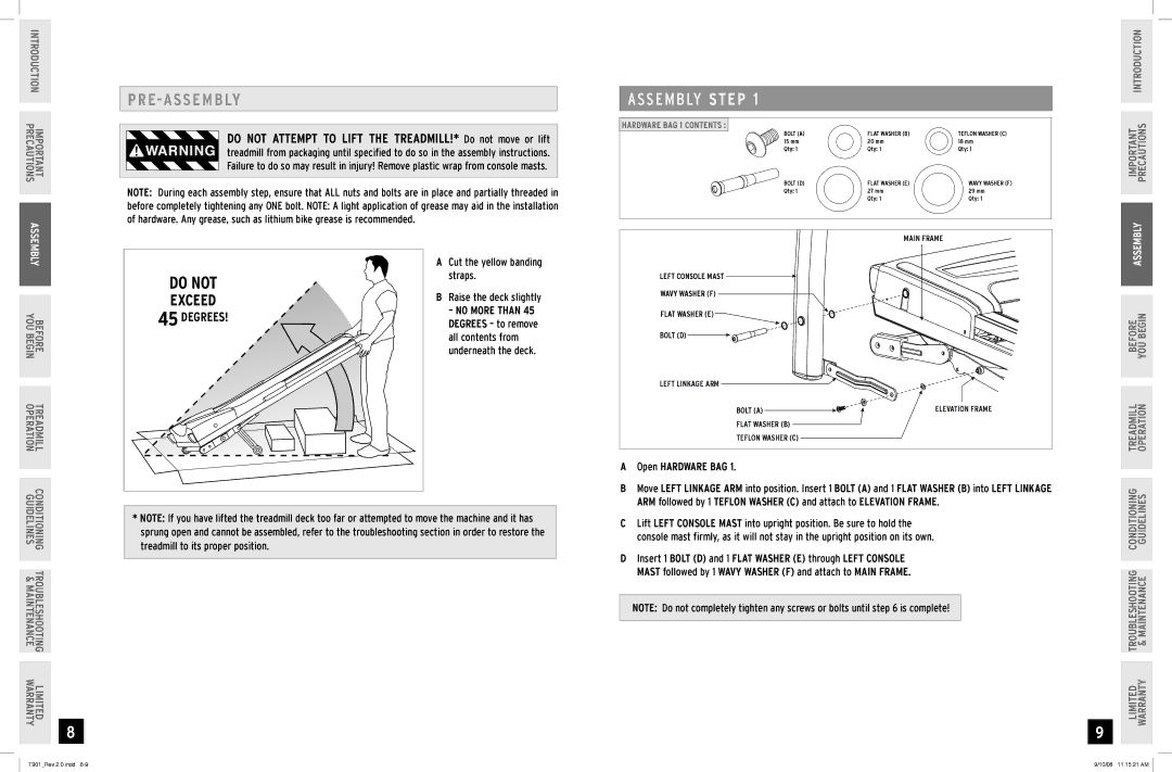 Horizon Fitness T901 manual Do not Attempt to Lift the TREADMILL!* Do not move or lift, Open Hardware BAG 