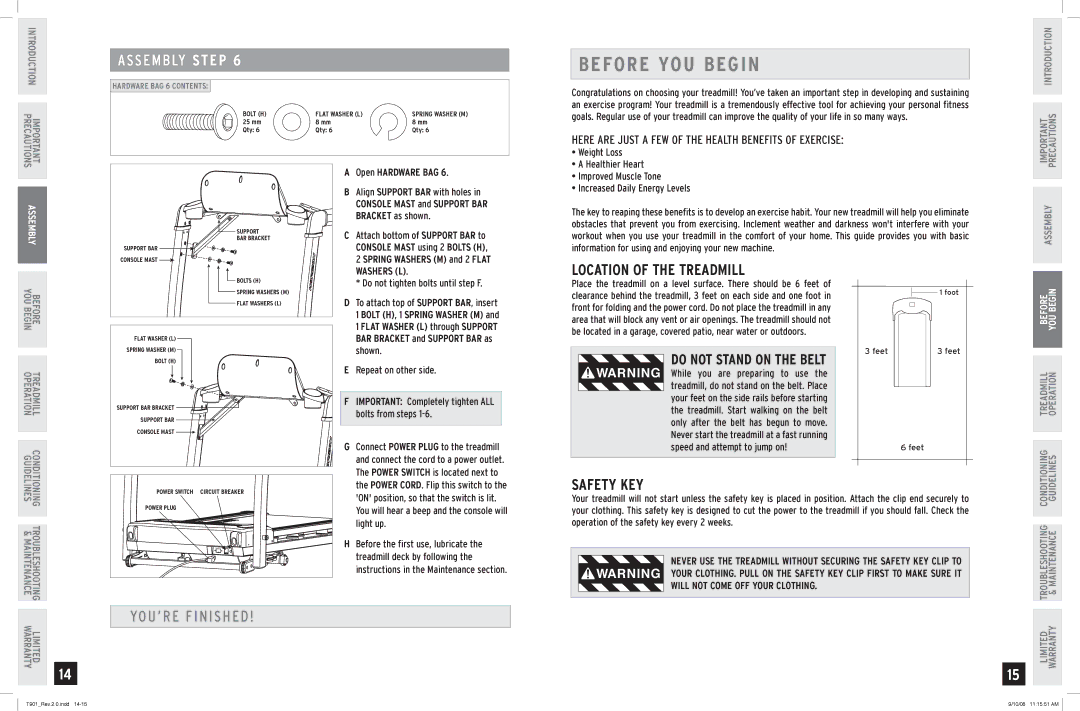 Horizon Fitness T901 manual Before YOU Begin, Location of the Treadmill, Safety KEY, Bracket as shown, Washers L 