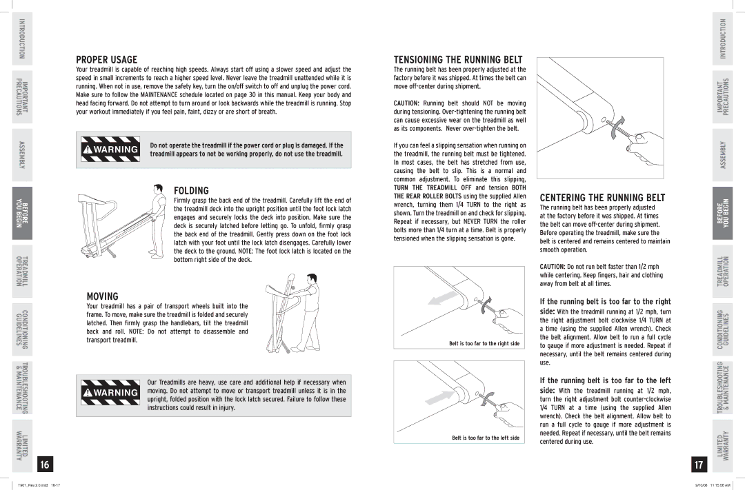 Horizon Fitness T901 manual Proper Usage, Folding, Moving, Instructions could result in injury 